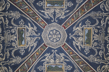 Naklejka premium Detail of a richly decorated ceiling of the Buda Castle Garden Bazaar (Varkert Bazaar) in Budapest, Hungary