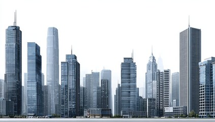 A city skyline made of paper cutouts, with skyscrapers and buildings, on a white background, in the front view, a 3D render, hyper-realistic