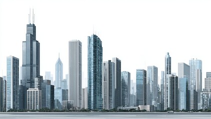 A city skyline made of paper cutouts, with skyscrapers and buildings, on a white background, in the front view, a 3D render, hyper-realistic