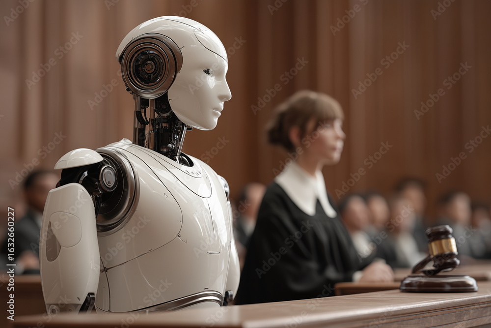 Poster a robot is standing in front of a judge and a woman in a black robe