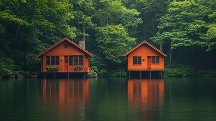 Fototapeta premium Two red cabins on a serene lake nestled in a lush forest (1)