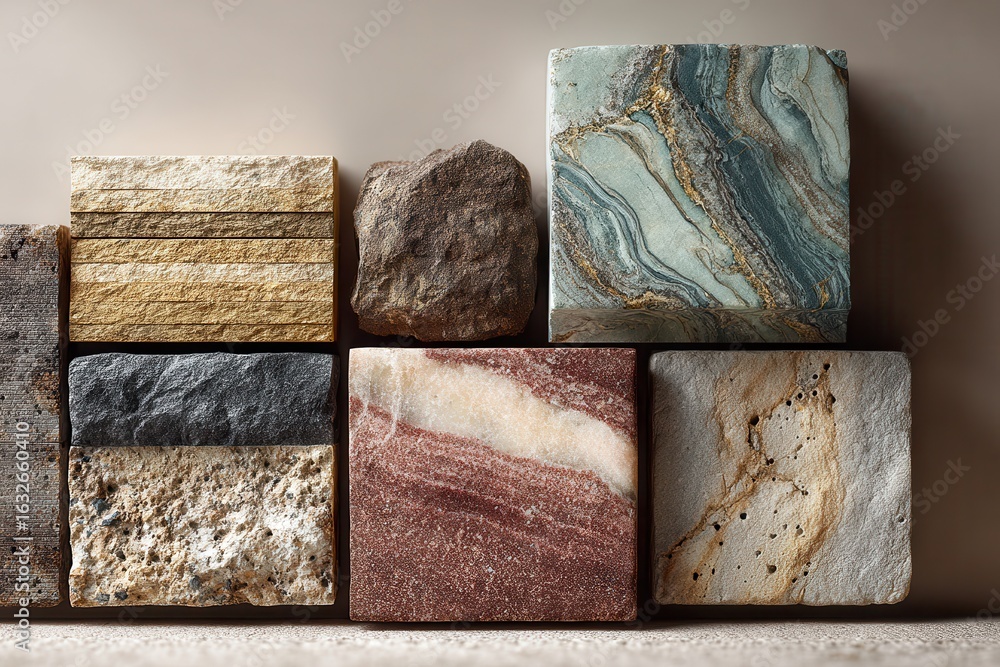 Poster assorted stone samples display various colors, textures, and finishes; a selection for architecture 