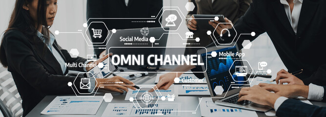 Panorama shot analyst team utilizing BI Fintech to analyze financial report with laptop. Businesspeople analyzing BI data dashboard displayed on laptop screen for business insight. Prodigy Amity