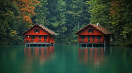 Two red wooden cabins on a calm lake in a forest