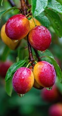 Ripe plums on branch, rain, garden, close-up, food