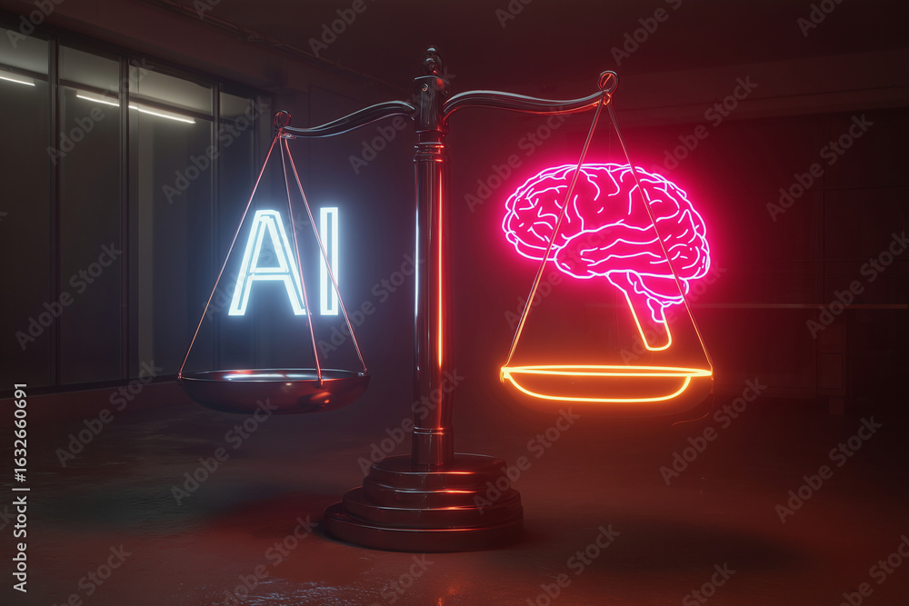 Poster a scale with a brain and the letters ai hanging from it
