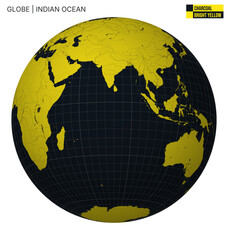 Vector Globe centered to Indian Ocean. Charcoal Bright Yellow palette. World map with meridians, parallels, countries, rivers and lakes. Appealing vector illustration.