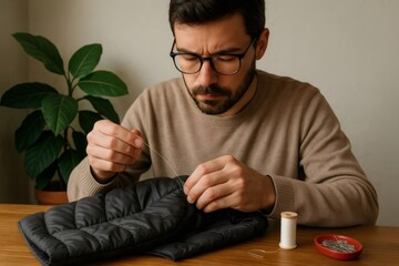 Tailor carefully mending a down jacket using needle and thread, showcasing the skill and precision involved in clothing repair