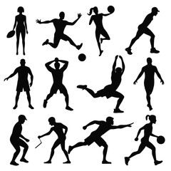Black sports silhouettes of athletes running, playing soccer, and basketball