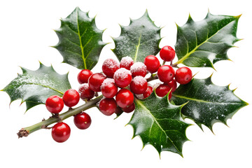 A branch of holly with red berries and green leaves dusted with snow, isolated on a transparent background, representing christmas