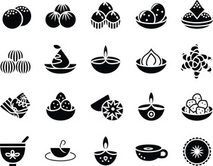 Collection of Black and White Indian Sweets and Decorative Elements Vector Icon Set for Festive Occasions and Cultural Designs