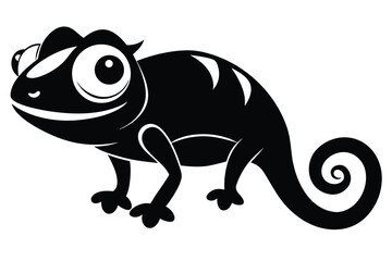 Monochrome chameleon with big eyes and a curly tail stands against white