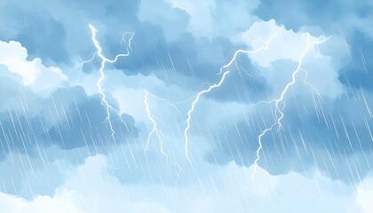 Minimalist Rainstorm Background with Soft Gray Clouds, Lightning, and Watercolor Texture in Subtle Blue Hues
