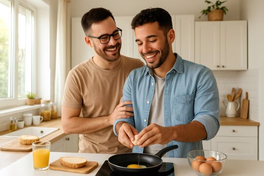 Two men are smiling and preparing breakfast together in a bright modern kitchen, enjoying their time and sharing a moment of love - Powered by Adobe