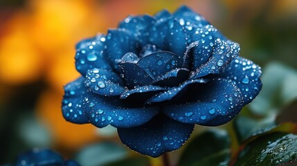 Vibrant deep blue rose with water droplets