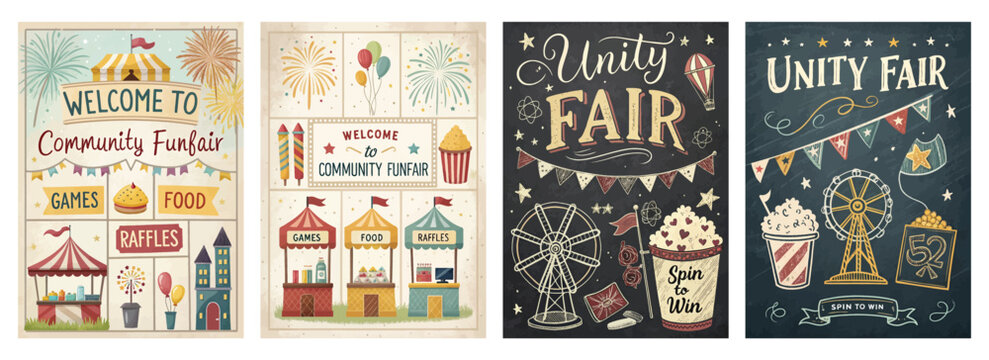 Set of four vibrant posters promoting community fairs with games food stalls raffles and Ferris wheel