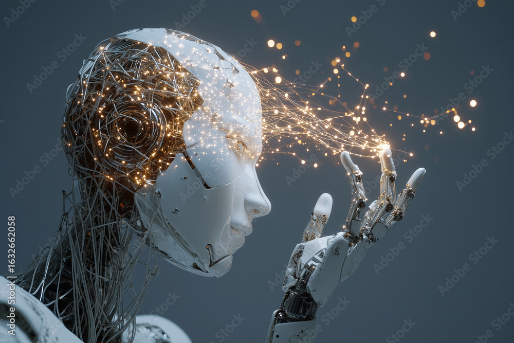 Poster a robot with a face and hands is surrounded by glowing sparks