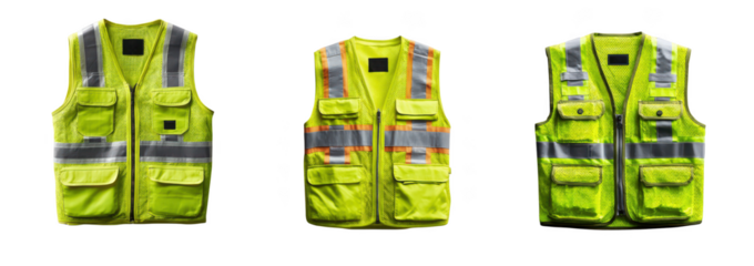 Three highvisibility safety vests with reflective strips and pockets, workwear for protection, isolated on transparent background