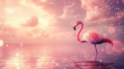 A serene flamingo stands gracefully in calm waters at sunset, surrounded by soft colors.