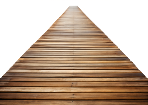 Wooden walkway isolated on transparent background, a long perspective view of parallel wooden planks