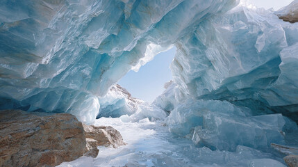 A cavernous ice cave interior with smooth, translucent walls that glow with iridescent blue and violet colors