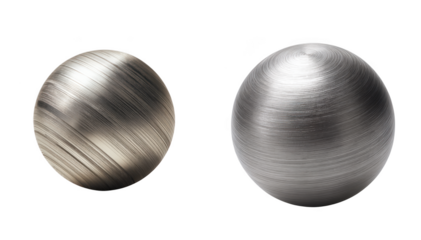 Two metallic spheres with different textures, isolated on transparent background