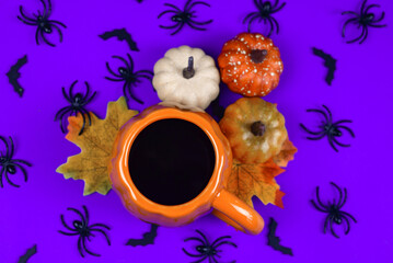 Delightful and Festive Halloween Coffee with Colorful Pumpkins and Playful Spiders