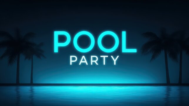 A neon sign for a pool party with palm trees in the background