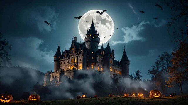 Scary Halloween castle under a full moon in the dark night. gothic and eerie landscape.