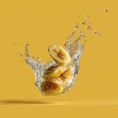 Food photography of sliced bananas in a glass with splashes, against a yellow background.