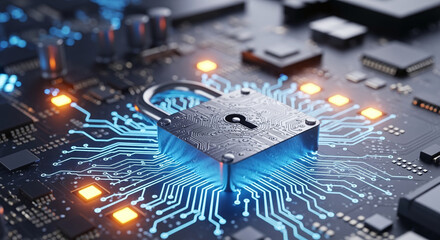 Horizontal lock with blue light on an electronic circuit. Cyber security data protection business privacy concept