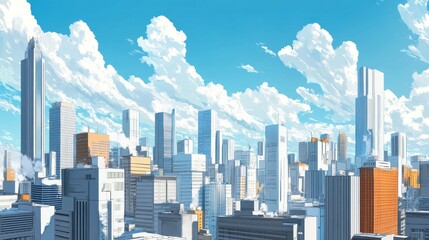 Obraz premium A vibrant city skyline under a bright blue sky with fluffy clouds.
