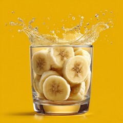 Food photography of sliced bananas in a glass with splashes, against a yellow background.