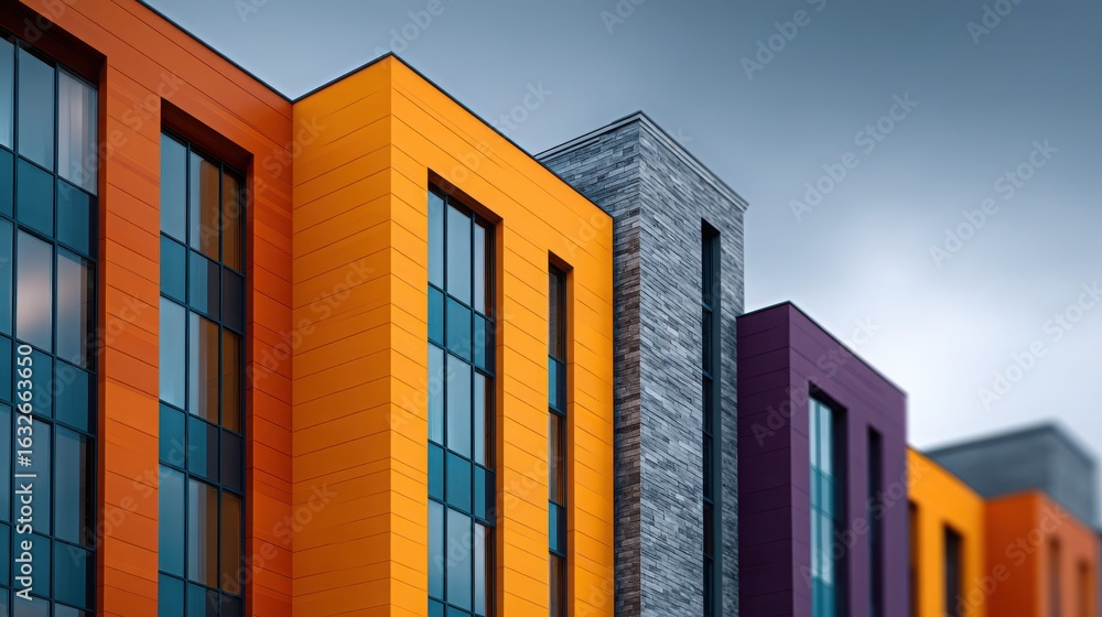 Poster a row of colorful buildings with a cloudy sky in the background
