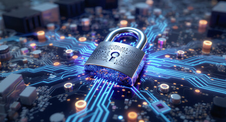 Horizontal lock with blue light on an electronic circuit. Cyber security data protection business privacy concept