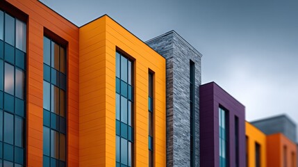 A row of colorful buildings with a cloudy sky in the background