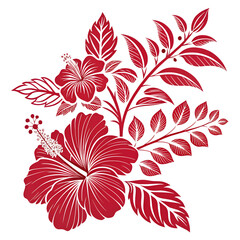 Illustration of two red hibiscus flowers with leaves and branches on a black background design element
