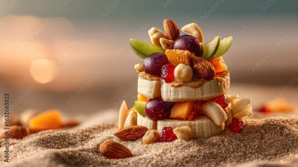 Aufkleber medium frame highlighting a colorful arrangement of nutrientpacked hummus mixed nuts and fruit kebab