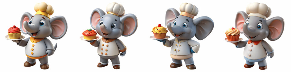 Set for Four cartoon elephant chefs holding cupcakes isolated on transparent background