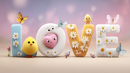 Fototapeta premium Adorable easter chick and daisy decorated love letters with butterflies