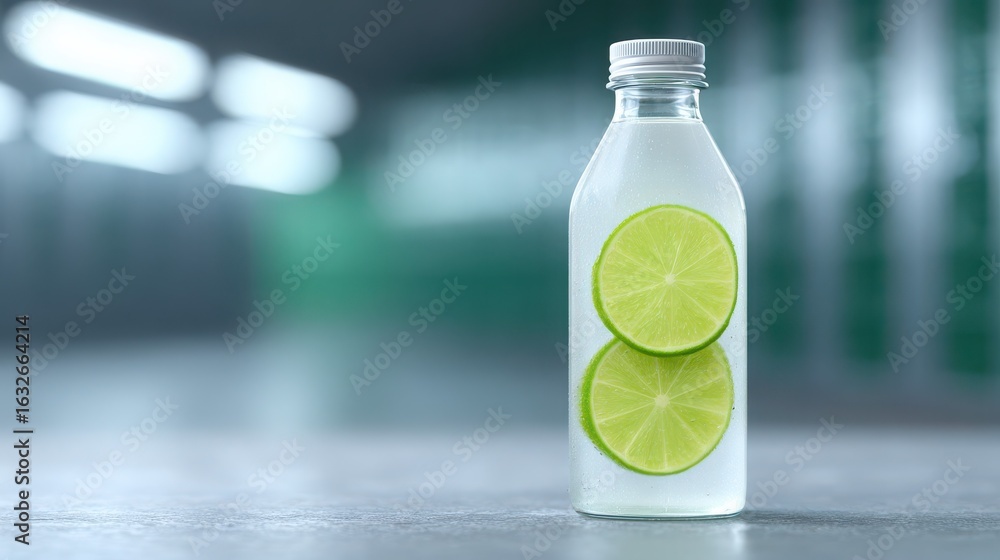Poster a bottle of water with two slices of lime in it