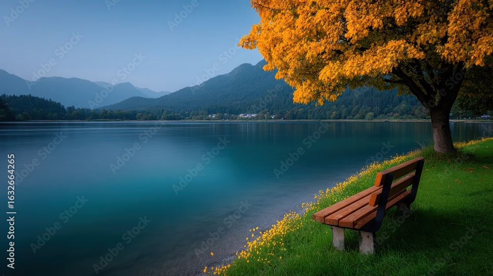 Poster a bench is placed by a lake with a tree in the background