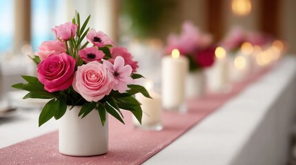 A table with a white tablecloth and a pink floral arrangement in a white vase