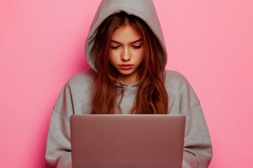 Young woman programmer or student working on a laptop, focused on her tasks, against a vibrant pink backdrop