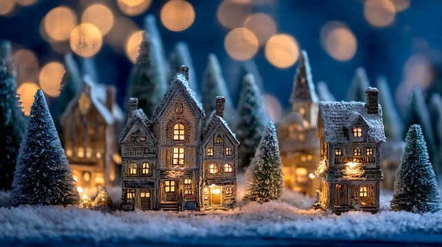 Enchanting miniature village aglow with warm lights and festive christmas trees