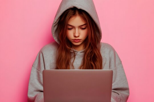 Young woman programmer or student working on a laptop, focused on her tasks, against a vibrant pink backdrop