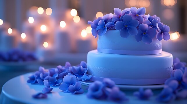 Two-tiered cake decorated with purple flowers and candles.