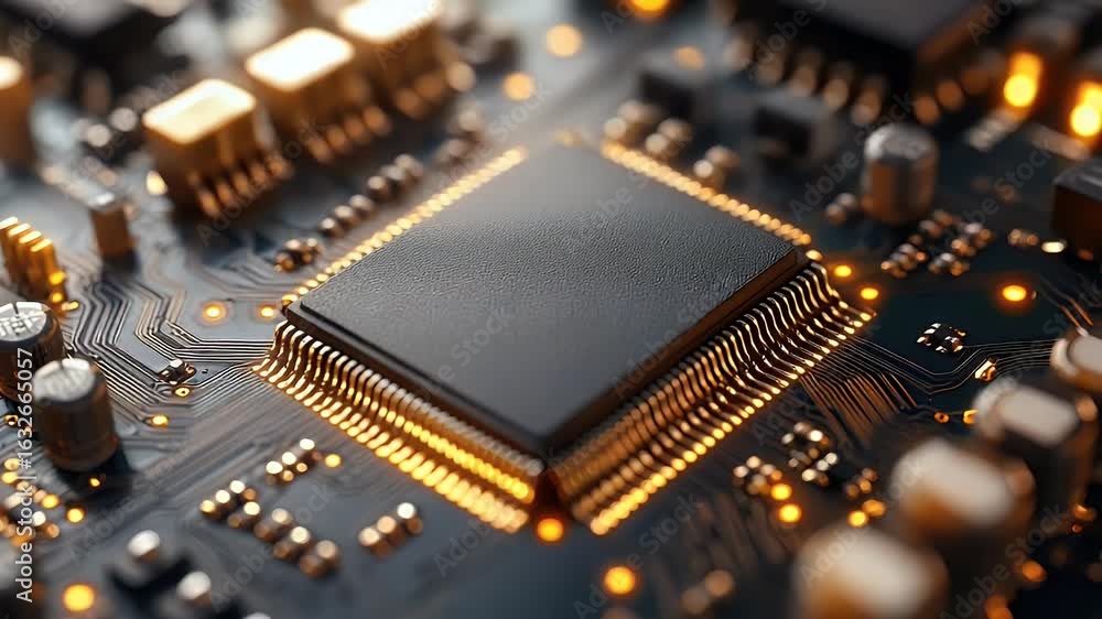 Poster macro view of glowing circuit board with central processor, high-tech technology concept