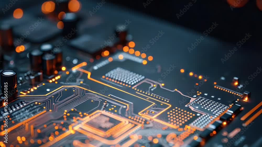 Poster macro view of human finger interacting with glowing circuit board pathways and cpu