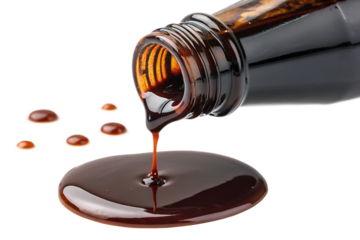 close-up of thick oyster sauce dripping from bottle on white background, glossy dark condiment in AI generated by PNG